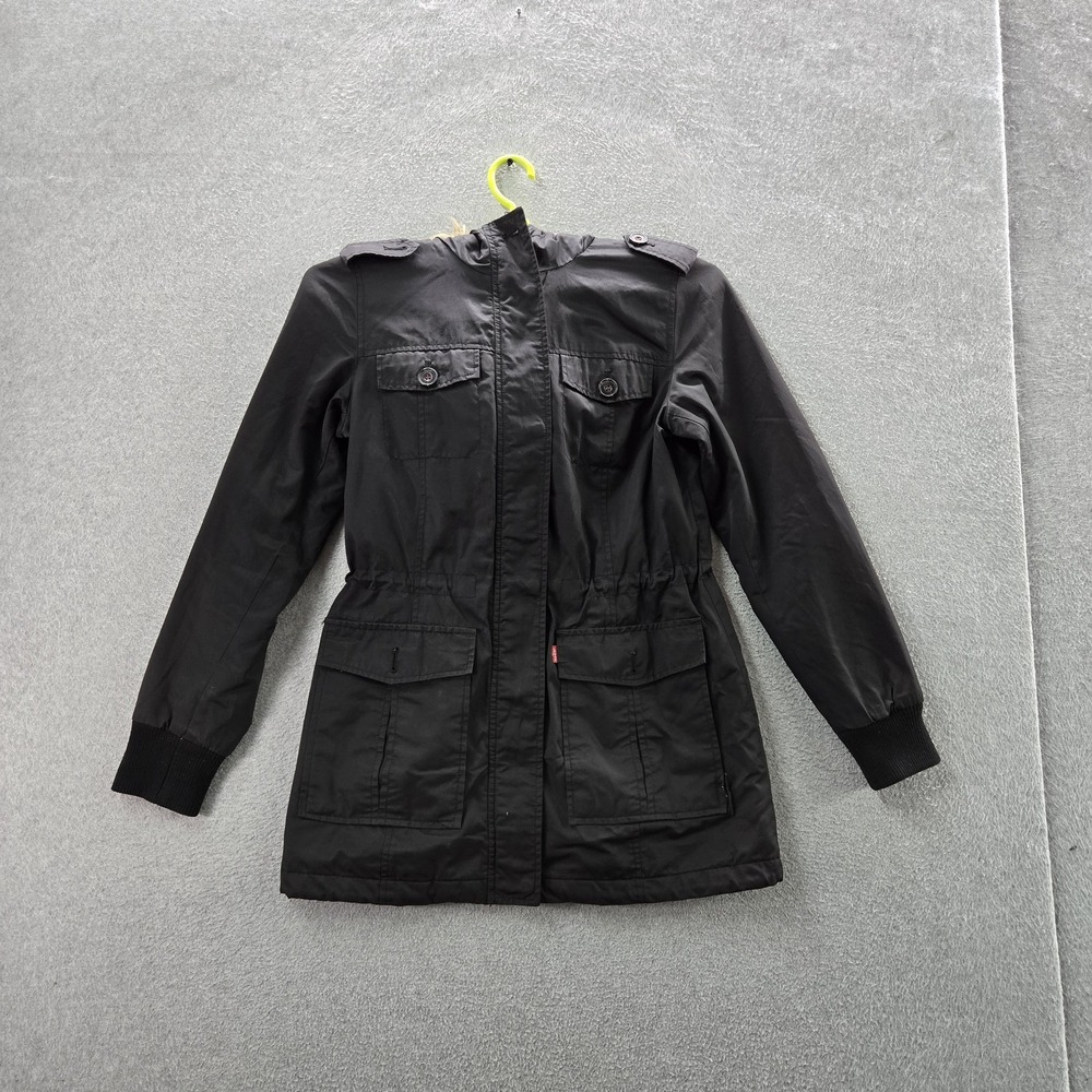 Levi's Women Jacket S Black Parka Military Fleece Lined Fur Trim READ
